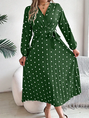 Vintage Burgundy Polka Dot Pleated Maxi Dress - TEVQA