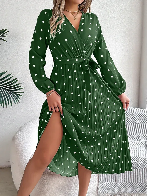 Vintage Burgundy Polka Dot Pleated Maxi Dress - TEVQA