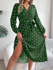 Vintage Burgundy Polka Dot Pleated Maxi Dress - TEVQA