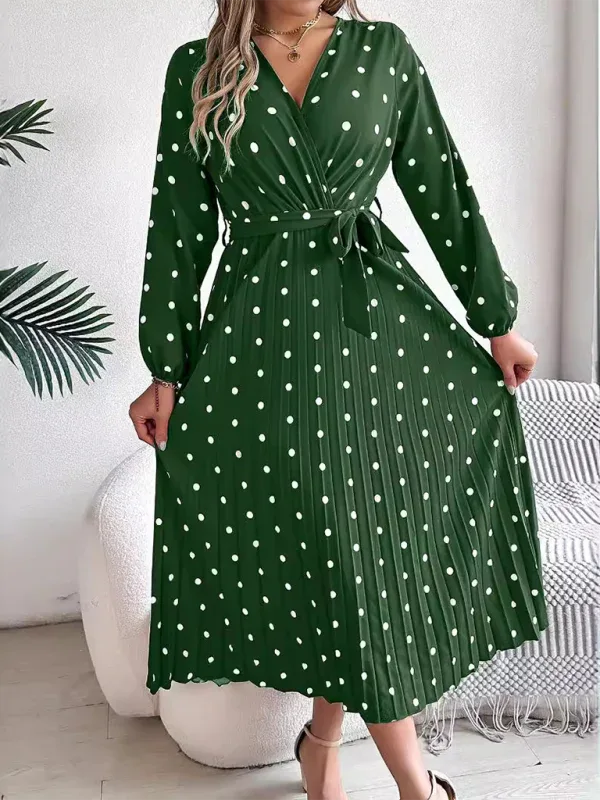 Vintage Burgundy Polka Dot Pleated Maxi Dress - TEVQA