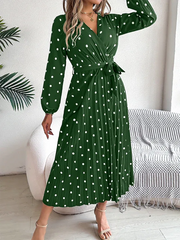 Vintage Burgundy Polka Dot Pleated Maxi Dress - TEVQA