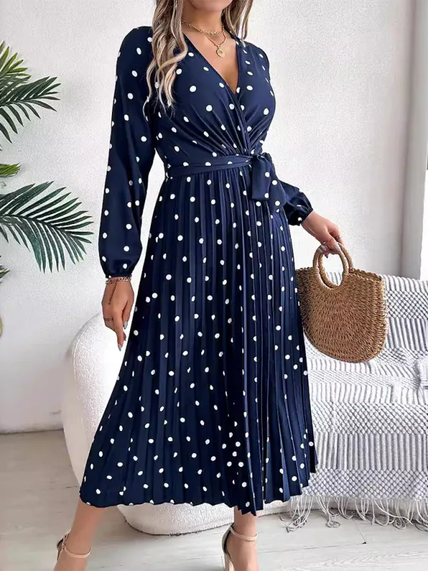 Vintage Burgundy Polka Dot Pleated Maxi Dress - TEVQA