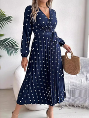 Vintage Burgundy Polka Dot Pleated Maxi Dress - TEVQA