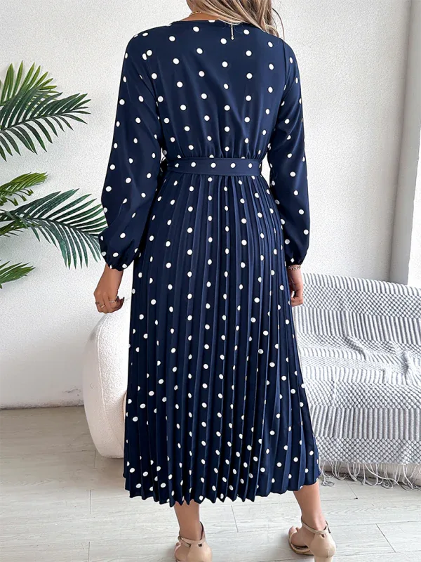 Vintage Burgundy Polka Dot Pleated Maxi Dress - TEVQA