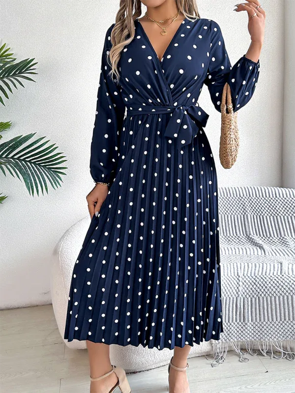 Vintage Burgundy Polka Dot Pleated Maxi Dress - TEVQA