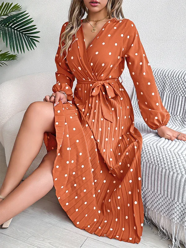 Vintage Burgundy Polka Dot Pleated Maxi Dress - TEVQA