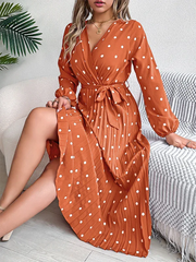 Vintage Burgundy Polka Dot Pleated Maxi Dress - TEVQA