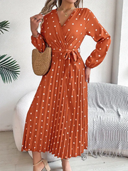 Vintage Burgundy Polka Dot Pleated Maxi Dress - TEVQA