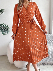 Vintage Burgundy Polka Dot Pleated Maxi Dress - TEVQA