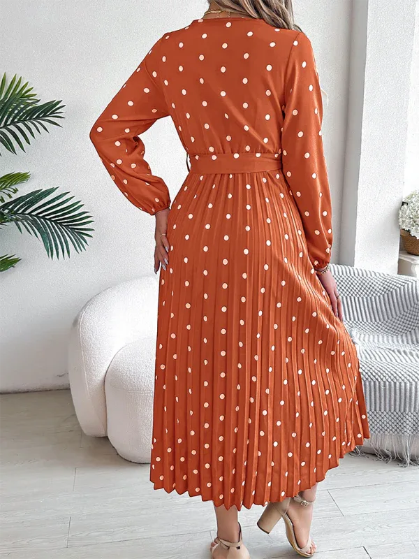 Vintage Burgundy Polka Dot Pleated Maxi Dress - TEVQA