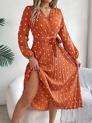 Vintage Burgundy Polka Dot Pleated Maxi Dress - TEVQA
