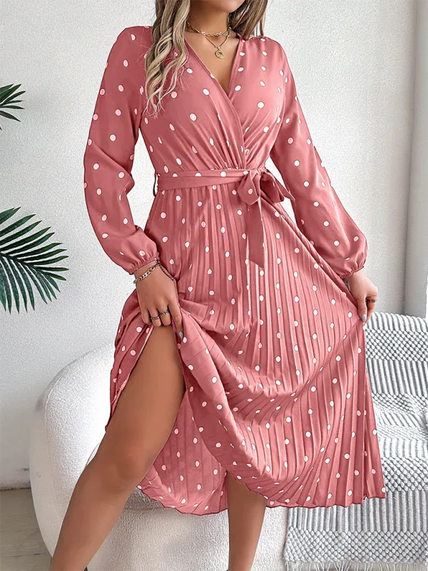 Vintage Burgundy Polka Dot Pleated Maxi Dress - TEVQA