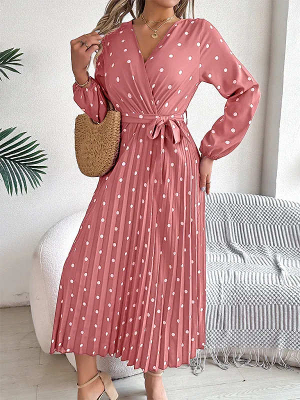 Vintage Burgundy Polka Dot Pleated Maxi Dress - TEVQA