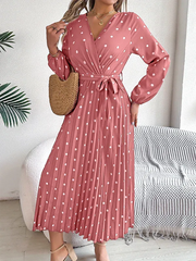 Vintage Burgundy Polka Dot Pleated Maxi Dress - TEVQA