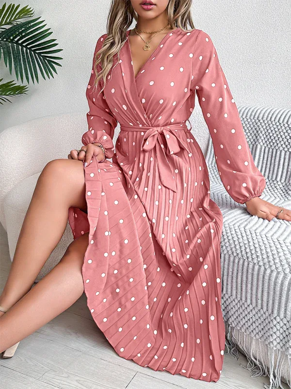 Vintage Burgundy Polka Dot Pleated Maxi Dress - TEVQA