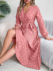 Vintage Burgundy Polka Dot Pleated Maxi Dress - TEVQA