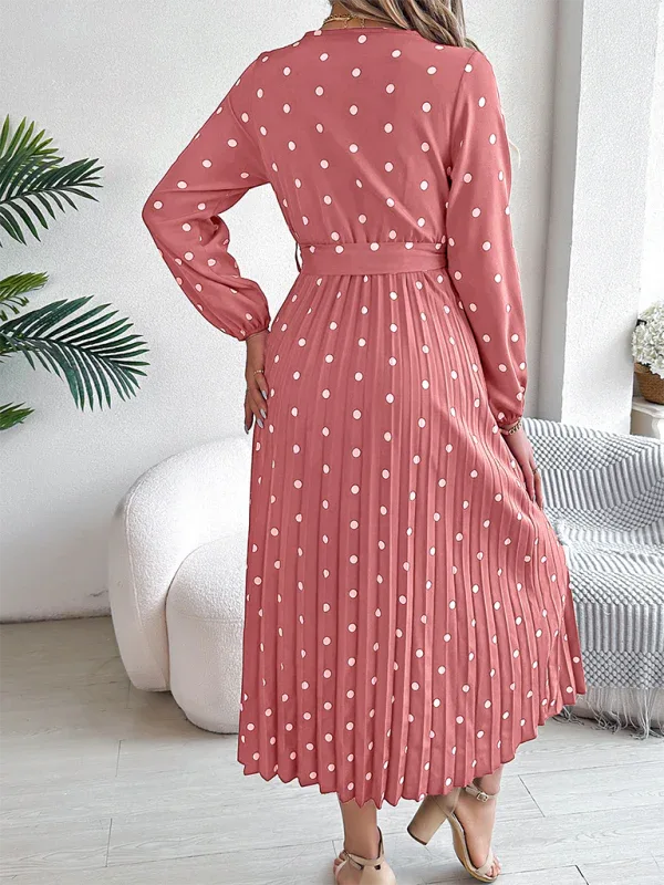 Vintage Burgundy Polka Dot Pleated Maxi Dress - TEVQA