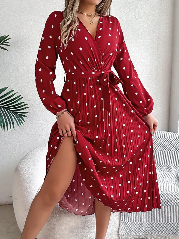 Vintage Burgundy Polka Dot Pleated Maxi Dress - TEVQA