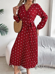 Vintage Burgundy Polka Dot Pleated Maxi Dress - TEVQA