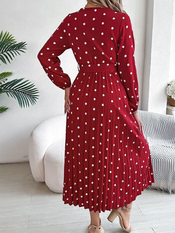 Vintage Burgundy Polka Dot Pleated Maxi Dress - TEVQA