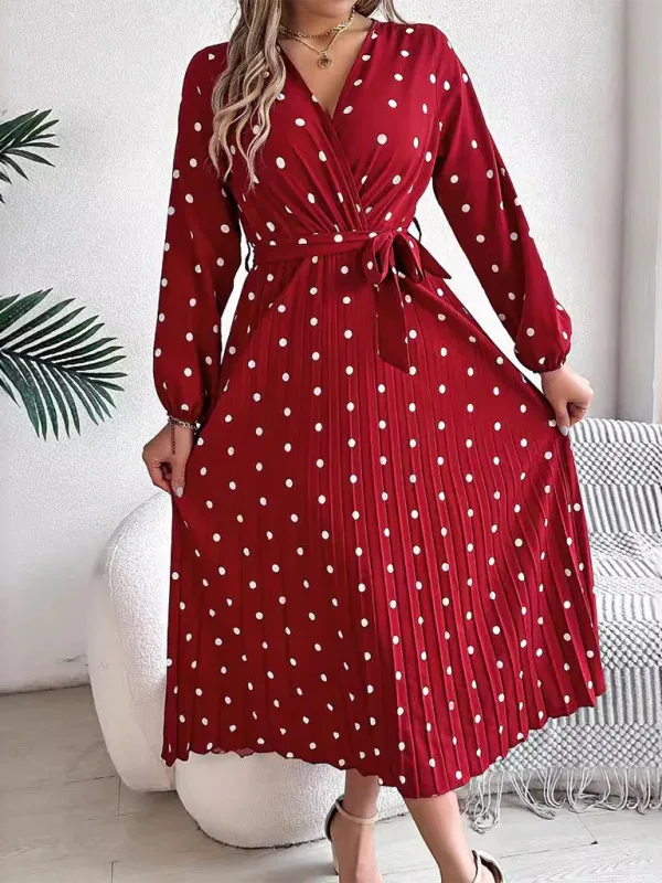 Vintage Burgundy Polka Dot Pleated Maxi Dress - TEVQA