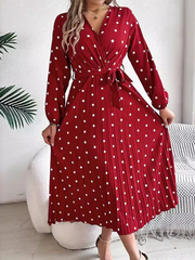 Vintage Burgundy Polka Dot Pleated Maxi Dress - TEVQA