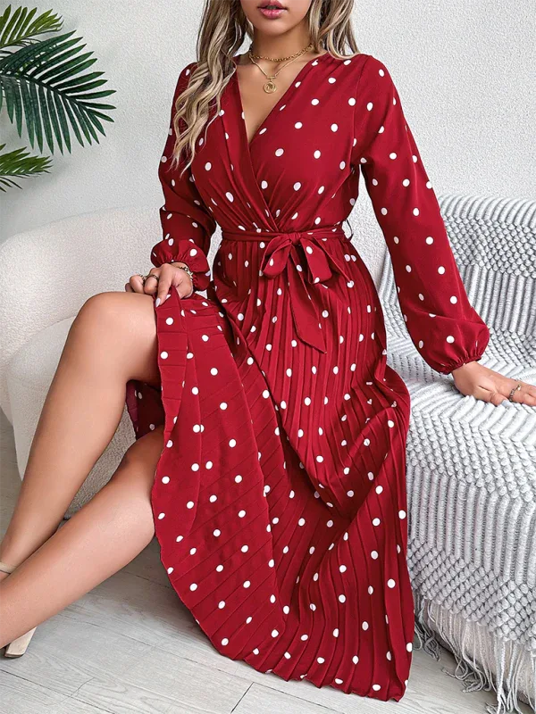 Vintage Burgundy Polka Dot Pleated Maxi Dress - TEVQA