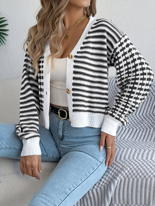 Contrast Stripe Lantern Long Sleeve Cardigan Sweater-[Adult]-[Female]-2022 Online Blue Zone Planet