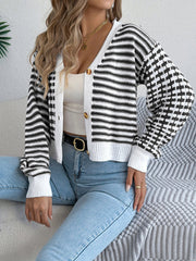Contrast Stripe Lantern Long Sleeve Cardigan Sweater-[Adult]-[Female]-2022 Online Blue Zone Planet