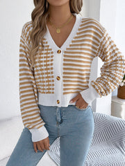 Contrast Stripe Lantern Long Sleeve Cardigan Sweater-[Adult]-[Female]-2022 Online Blue Zone Planet