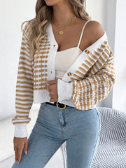 Contrast Stripe Lantern Long Sleeve Cardigan Sweater-[Adult]-[Female]-Khaki-S-2022 Online Blue Zone Planet