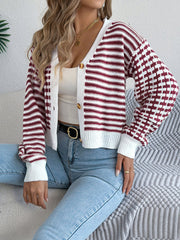 Contrast Stripe Lantern Long Sleeve Cardigan Sweater-[Adult]-[Female]-2022 Online Blue Zone Planet