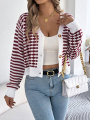 Contrast Stripe Lantern Long Sleeve Cardigan Sweater-[Adult]-[Female]-2022 Online Blue Zone Planet