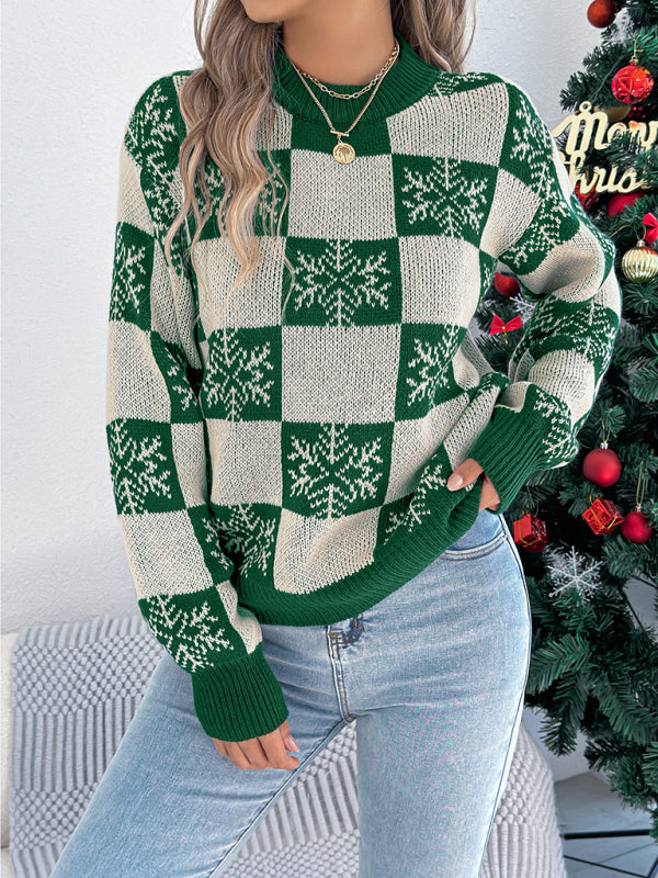 Christmas Snowflake Plaid Lantern Long Sleeve Pullover Sweater-TOPS / DRESSES-[Adult]-[Female]-Green-S-2022 Online Blue Zone Planet