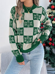 Christmas Snowflake Plaid Lantern Long Sleeve Pullover Sweater-TOPS / DRESSES-[Adult]-[Female]-Green-S-2022 Online Blue Zone Planet