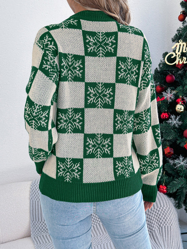 Christmas Snowflake Plaid Lantern Long Sleeve Pullover Sweater-TOPS / DRESSES-[Adult]-[Female]-2022 Online Blue Zone Planet