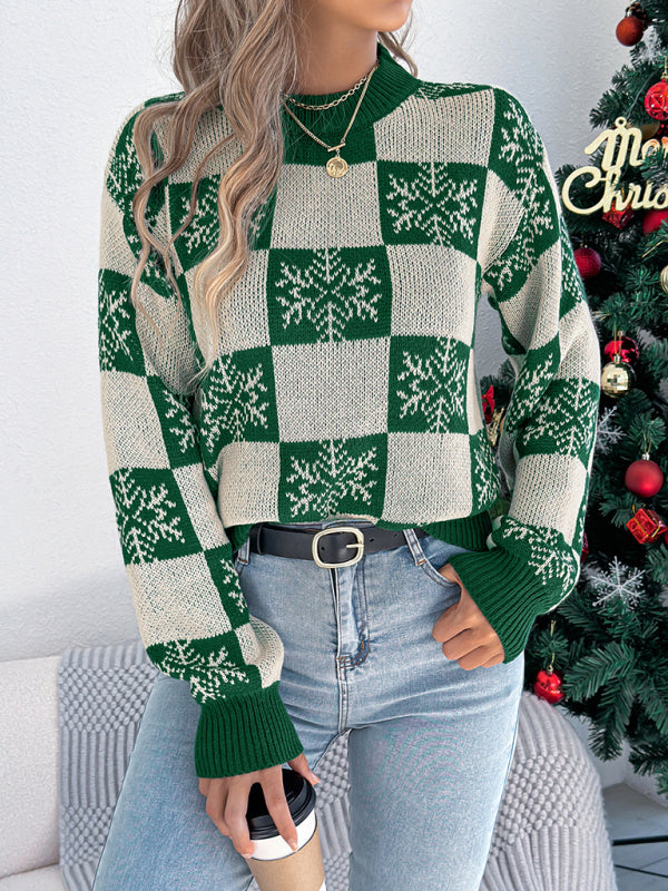 Christmas Snowflake Plaid Lantern Long Sleeve Pullover Sweater-TOPS / DRESSES-[Adult]-[Female]-2022 Online Blue Zone Planet