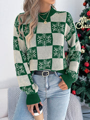 Christmas Snowflake Plaid Lantern Long Sleeve Pullover Sweater-TOPS / DRESSES-[Adult]-[Female]-2022 Online Blue Zone Planet