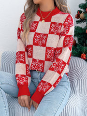 Christmas Snowflake Plaid Lantern Long Sleeve Pullover Sweater-TOPS / DRESSES-[Adult]-[Female]-2022 Online Blue Zone Planet