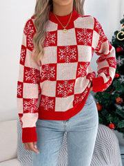 Christmas Snowflake Plaid Lantern Long Sleeve Pullover Sweater-TOPS / DRESSES-[Adult]-[Female]-2022 Online Blue Zone Planet