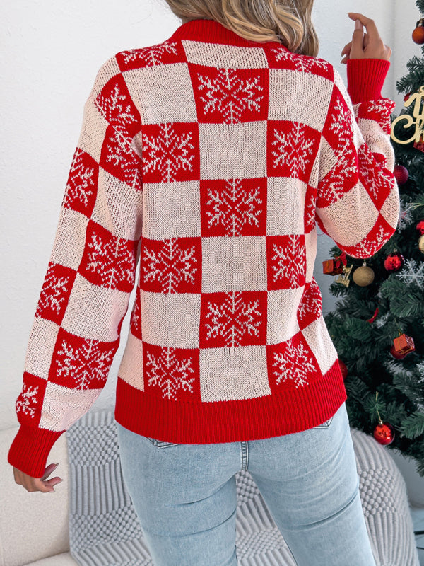 Christmas Snowflake Plaid Lantern Long Sleeve Pullover Sweater-TOPS / DRESSES-[Adult]-[Female]-2022 Online Blue Zone Planet