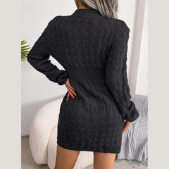 Back view of a woman wearing a black cable knit mini dress.
