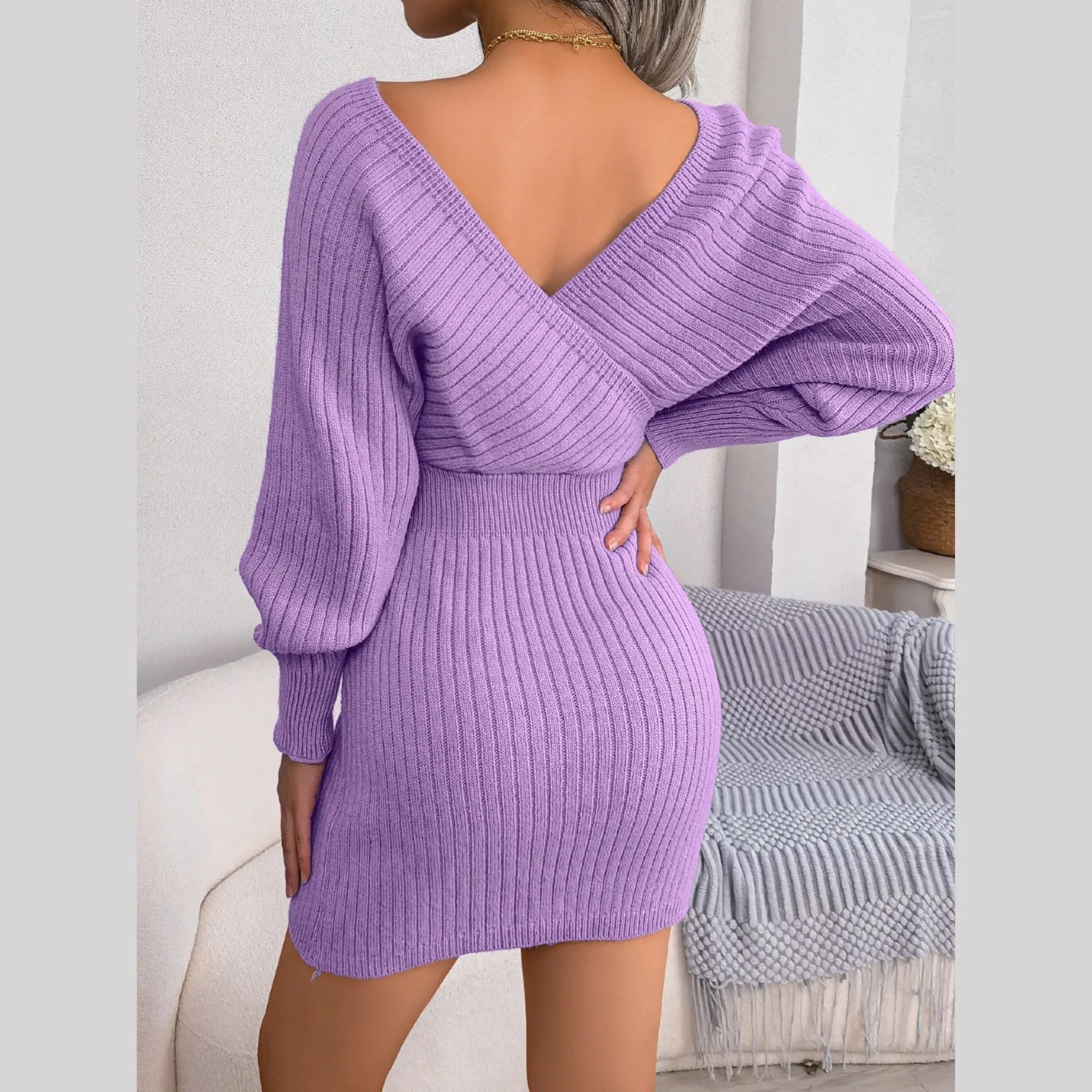 Ribbed Knit Batwing Sleeve Sweater Dress - View 6 | TEVQA