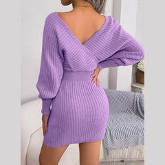 Ribbed Knit Batwing Sleeve Sweater Dress - View 6 | TEVQA