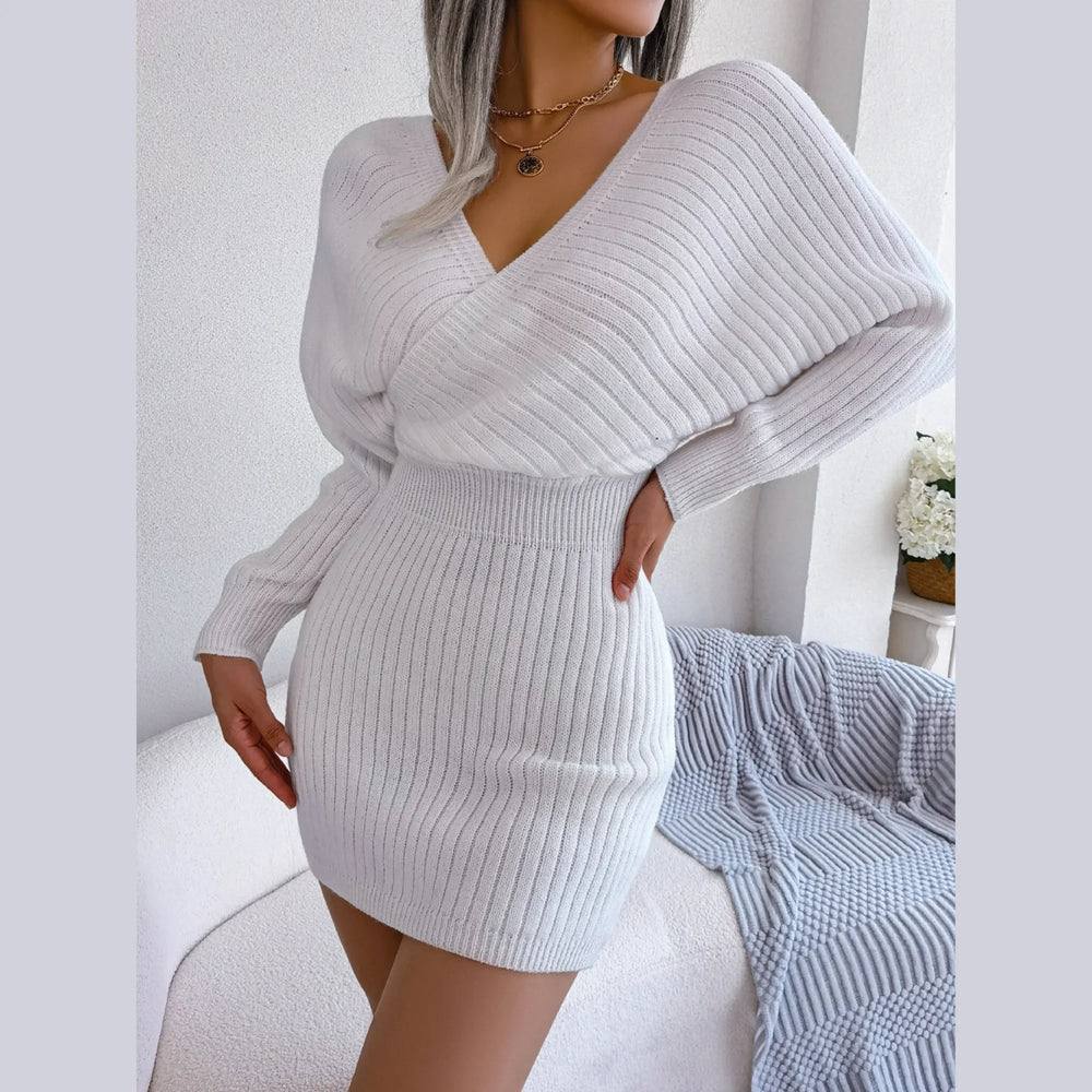 Angelic White Batwing Sleeve Ribbed Knit Sweater Dress - TEVQA