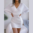 Angelic White Batwing Sleeve Ribbed Knit Sweater Dress - TEVQA