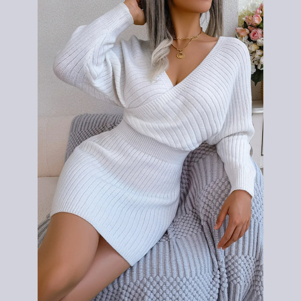 Angelic White Batwing Sleeve Ribbed Knit Sweater Dress - TEVQA
