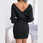 Black ribbed batwing sleeve sweater dress - View 6 | TEVQA