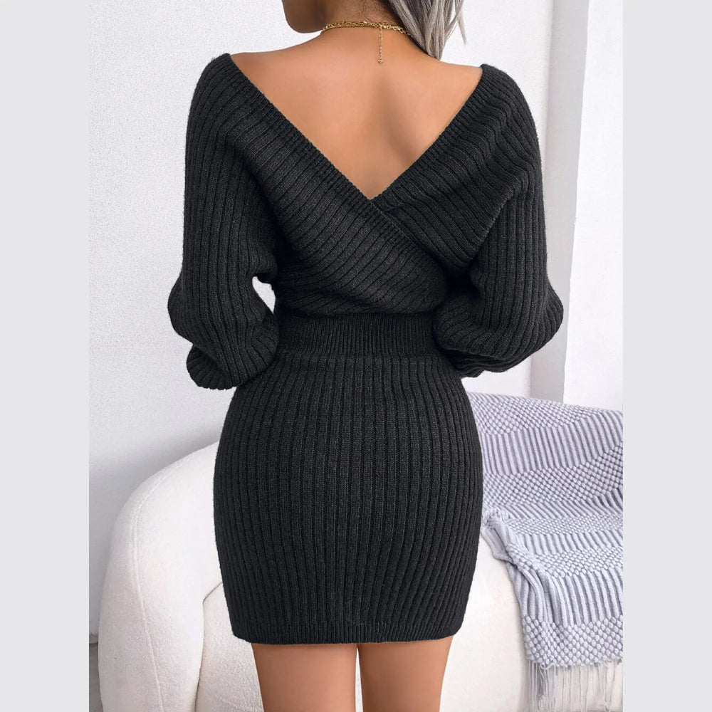 Black ribbed batwing sleeve sweater dress - View 6 | TEVQA