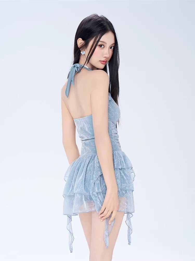 Light Blue Halter Ruched One - Piece Swimsuit - TEVQA